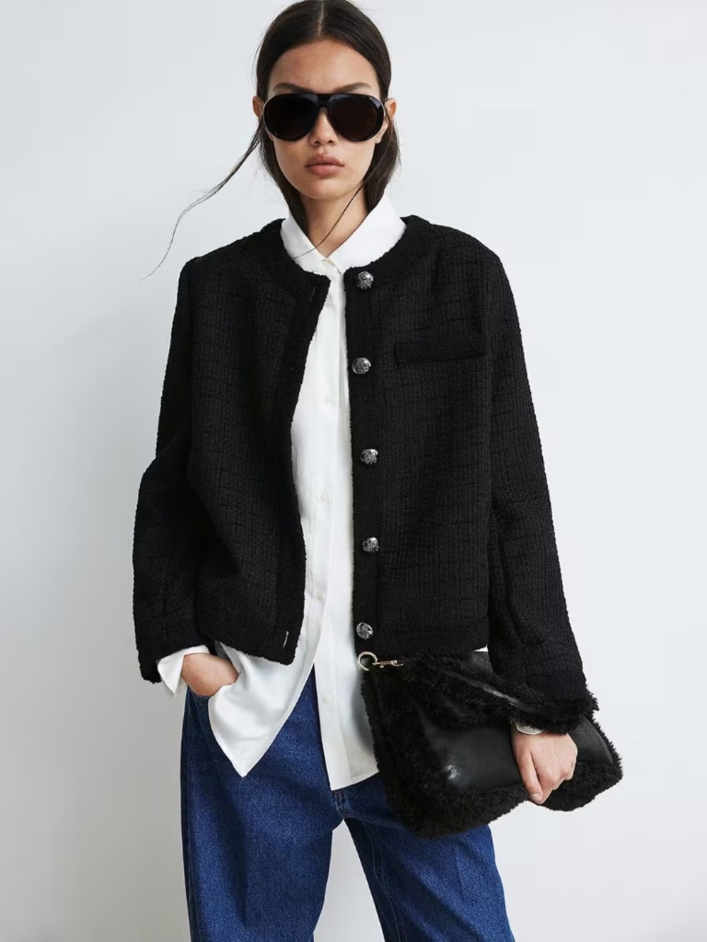 H&M Black Textured Weave Collarless Button Up Chic Chanel Style Blazer Jacket L